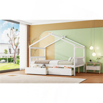 Wooden House Bed With Drawers