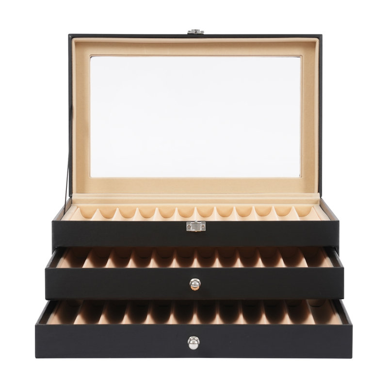 36-Slot PU Leather Pen Display Box With Glass Window, Black
