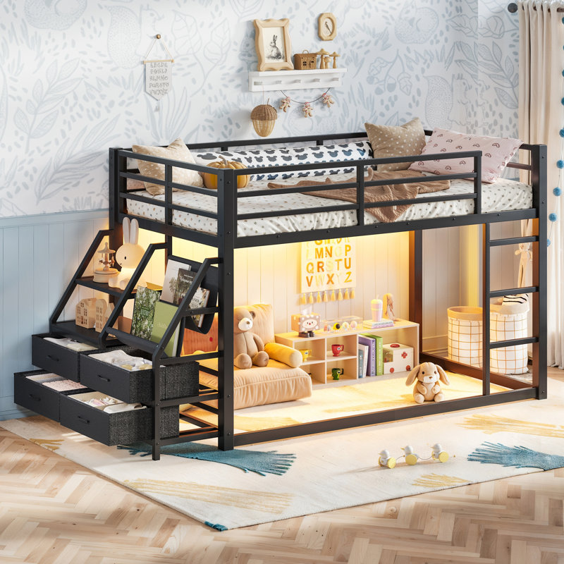 Lit superposé en métal avec tablettes de rangement, tiroirs et lumières DEL pour adolescents, aucun sommier nécessaire, Black