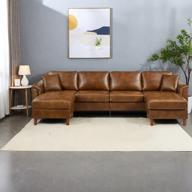Sectionals with Storage, 120 Inch PU Leather Rustic Sofa for Home Family, Brown
