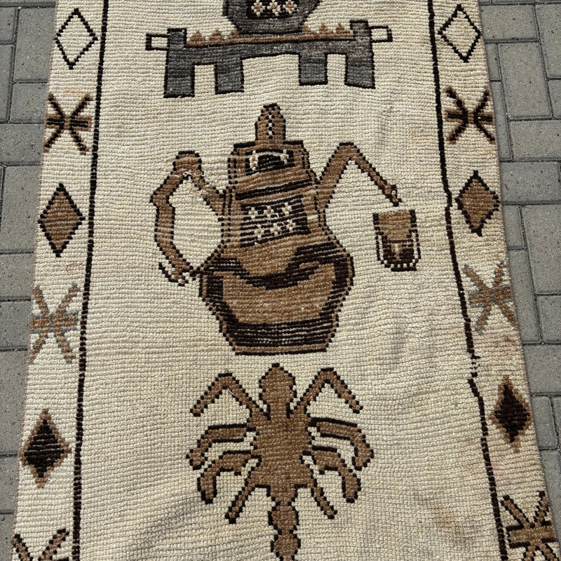 3.2x11.2 Ft Beige Wool Patchwork Runner Rug, Traditional Vintage Modern