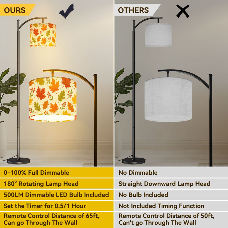  Lampe sur pied à arc avec feuilles d'automne, érable coloré et feuillage, grand lampadaire moderne à DEL, abat-jour réglable en lin, 3 températures de couleur