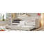 Lit de jour rembourré beige avec lit gigogne et lattes de bois, confortable, construction, gigogne simple, lit gigogne, beige, structure en contreplaqué,