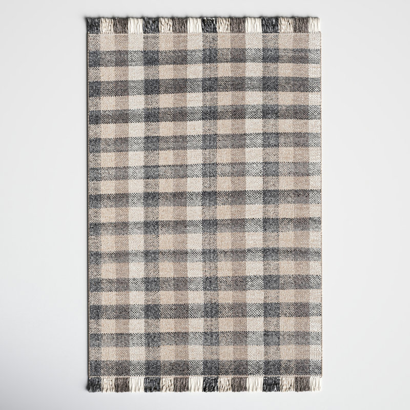 Handmade Gray and Beige Wool Plaid 5' x 7' Rug