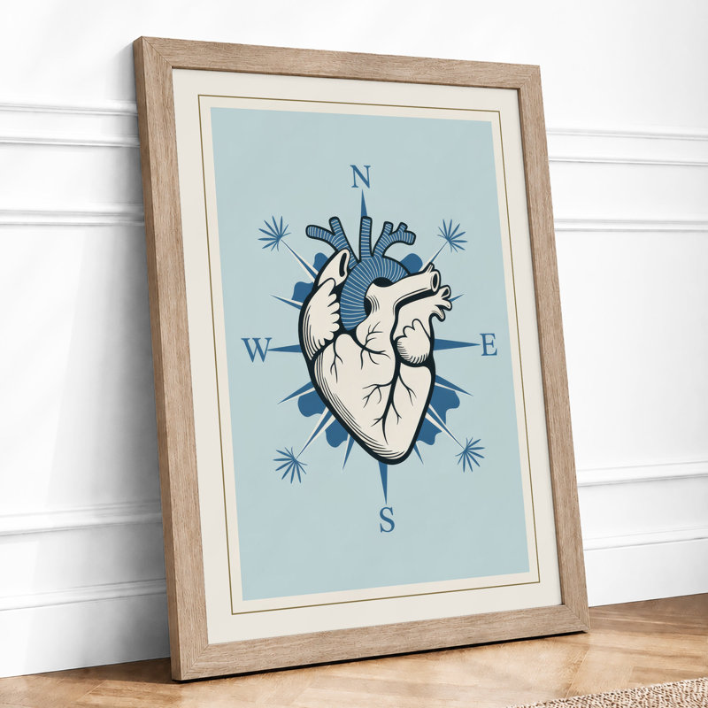 Compass Heart Minimalist - Framed Print, A4 - 29.7 x 21.0 cm, Oak