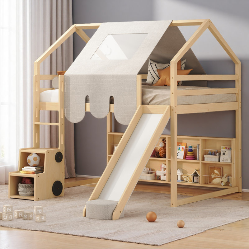 Cadre de lit mezzanine en bois avec tente, Lit double, Beige / Naturel