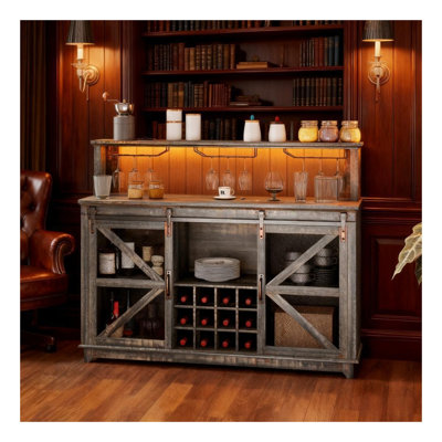 Farmhouse Wine Cabinet with LED Lighting and Coffee Bar Storage in Distressed Brown