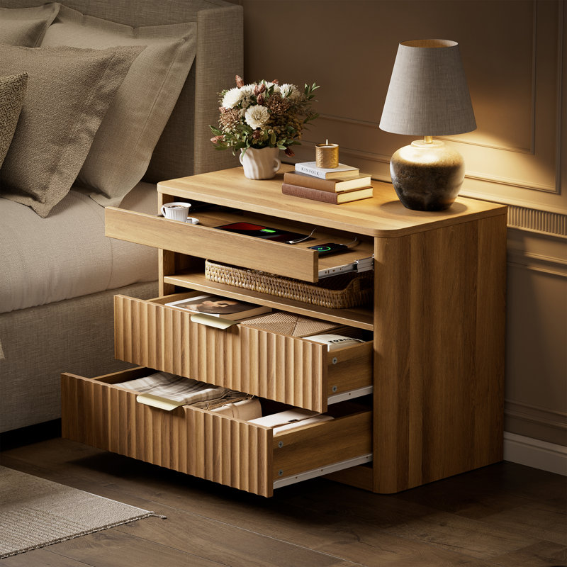 27”nightstand With 2-drawers & Open Shelf, Bedside Table With Outlets,end Table With 1 Pull-out Shelf, Night Stand For Bedroom