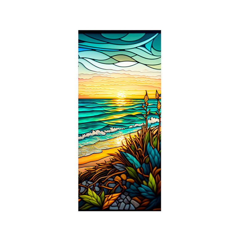 Seaside Sunset Window Sticker PVC Stained Glass Window Film Non-Adhesive Removable for Window Glass Decorations