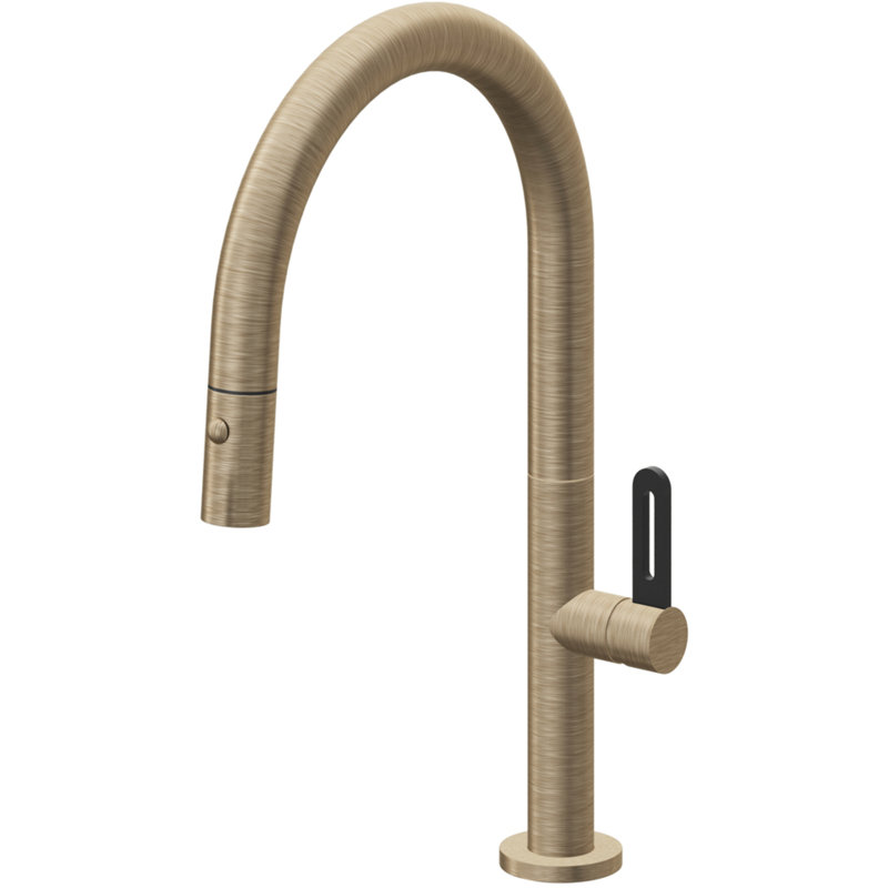 Pull-Down Kitchen Faucet With Button Sprayer - Low Arc Spout, Antique Brass Flat, Black Stick