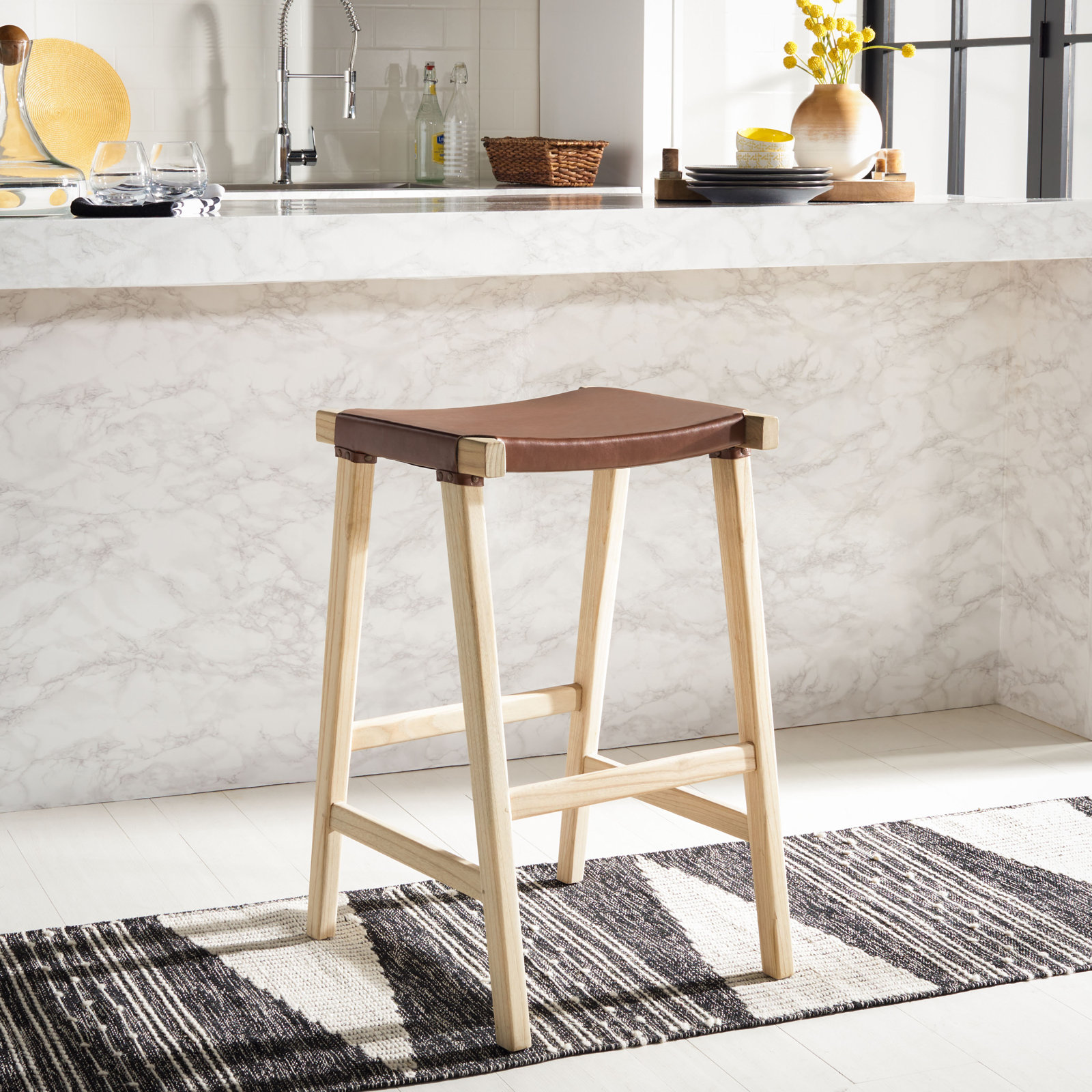 Kellan Genuine Leather Bar & Counter Stool, Bar Stool (30” Seat Height), Cognac Genuine Leather
