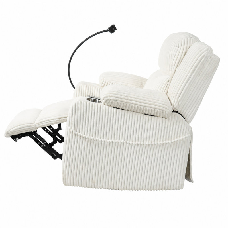 37'' W Upholstered Power Recliner With Massage And Heating, Beige Corduroy