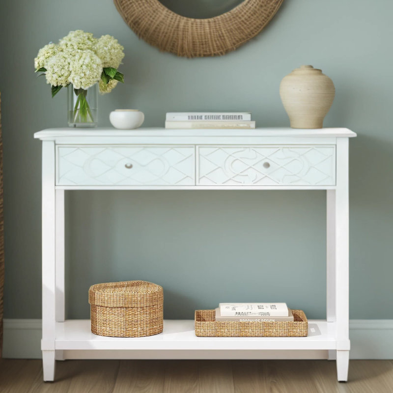 Console rétro avec tiroirs et tablette, canapé d'entrée en bois de pin massif fabriqué à la main avec motifs sculptés et finition blanche vieillie