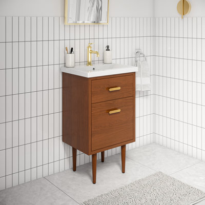 Coiffeuse Brandy en noyer miel avec robinet simple or satiné