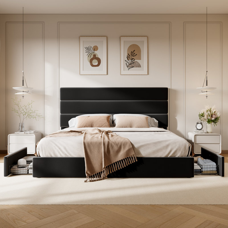 Modern Platform Bed Frame With 4 Storage Drawers And Velvet Upholstered Headboard, Black, King