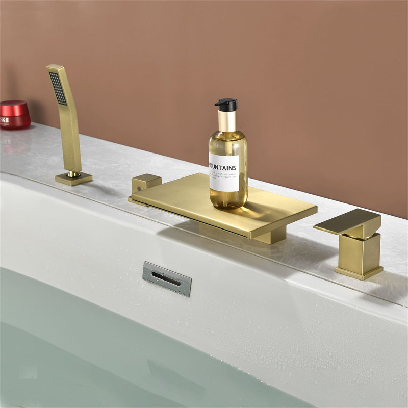 4-Hole Deck Mounted Tub Faucet With Hand Shower Waterfall Bathtub Faucets Brass Single Handle Tub Fillers With Valve
