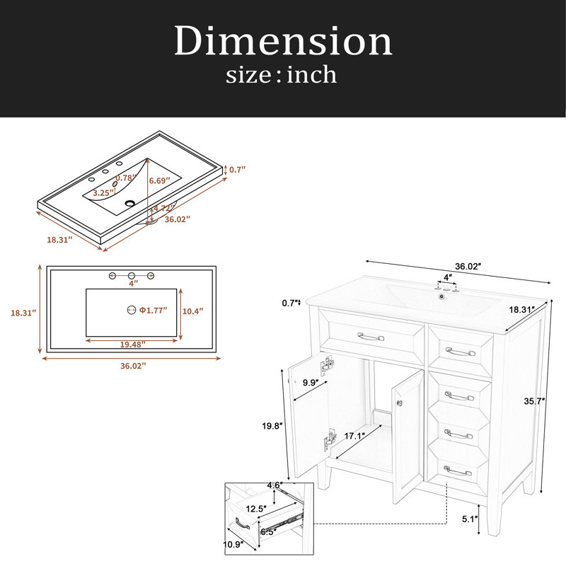 Ensemble de meuble-lavabo avec lavabo, armoire de salle de bain avec tiroirs, structure solide et panneau de fibres à densité moyenne