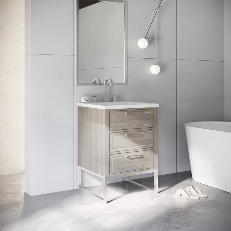 Markham 24'' Single Bathroom Vanity with Top, Cashmere Gray, Brushed Nickel, Universal Calacatta Quartz