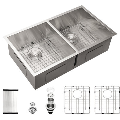 Évier de cuisine à double cuve encastrable 9 po 33 po x 19 po en acier inoxydable de calibre 18, nickel brossé, - Aménagement de cuve pour la vaisselle empilable 50/50 de cuve, couleur nickel, construction idéale pour la nouvelle maison