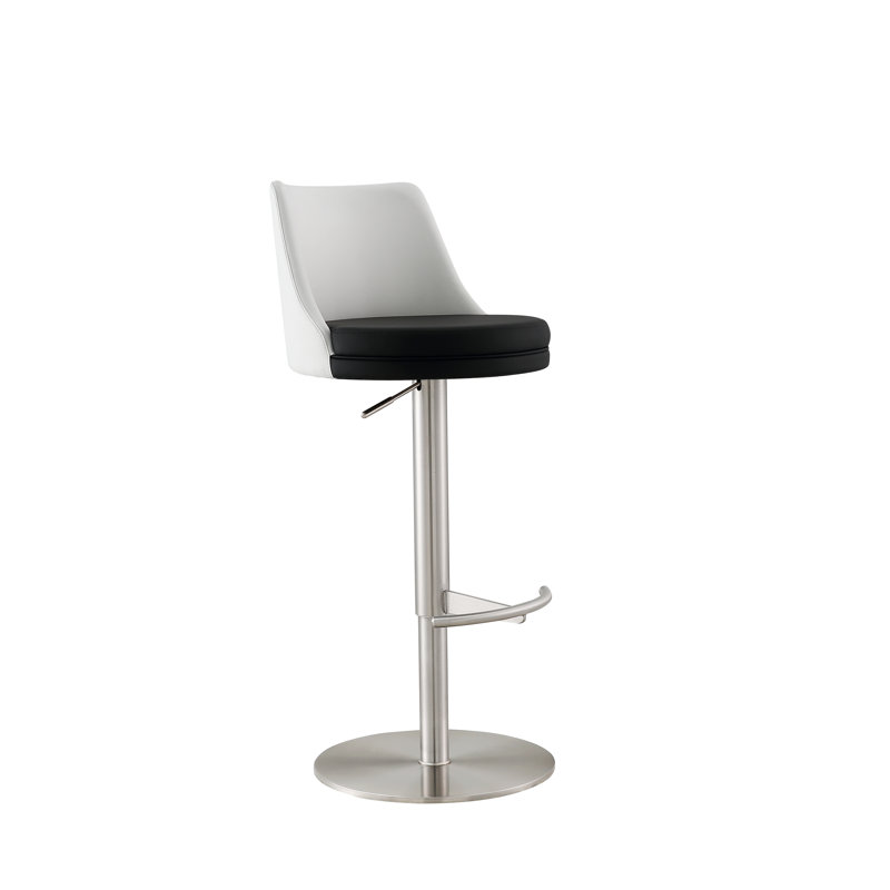 Watseka Swivel Upholstered Genuine Leather Adjustable Height Counter Stool with Stainless Steel Frame, Black/White