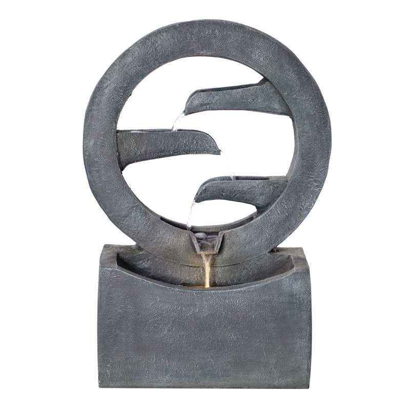 26.77"H Gray Circular Polyresin Outdoor Water Fountain With LED Light, Freestanding Modern Cascading Water Feature For Patio Garden Backyard Decor