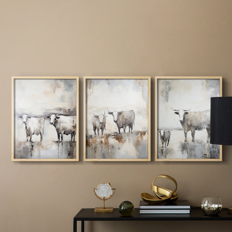 Cattle  Series  XC  -Set Of 3 Framed Giclee Prints -Ready to Hang, 10" H x 8" W, Natural Framed