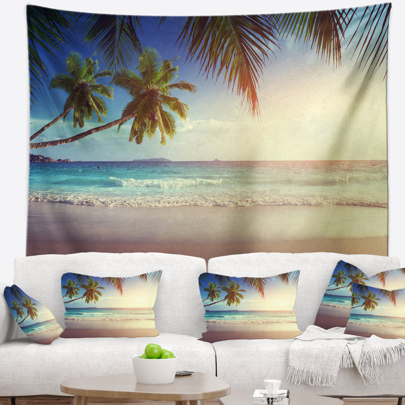 Tapisserie de plage seascape coucher de soleil typique sur les seychelles, H 50 po x l 60 po