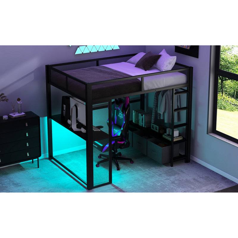 Lit mezzanine de jeu noir en métal pleine grandeur avec rangement à DEL, bureau, garde-robe ouverte et 3 tiroirs pour le rangement des nécessités quotidiennes