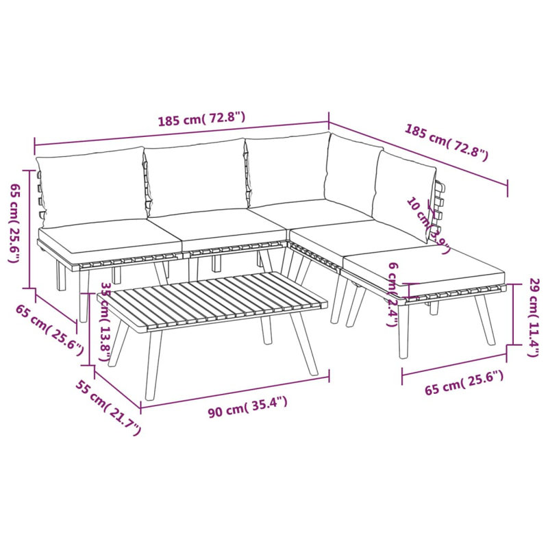 Damita 4 Piece Lounge Chair with Cushions, Corner + 3x Middle + Footrest + Table
