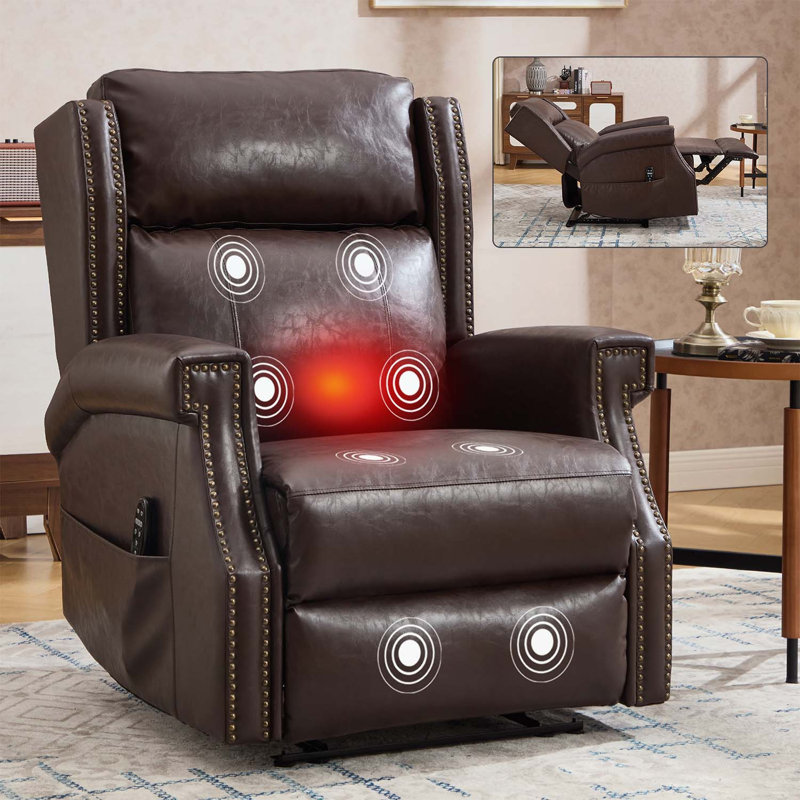 Fauteuil inclinable manuel brun en similicuir avec mouvement robuste, 8 nœuds vibrants et 3 modes de massage pour le confort du salon