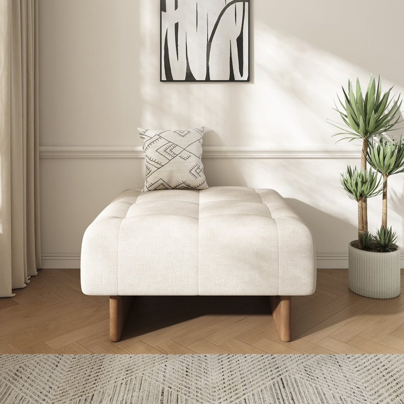 Repose-pieds carré rembourré en tissu de lin capitonné, pieds en bois massif, beige