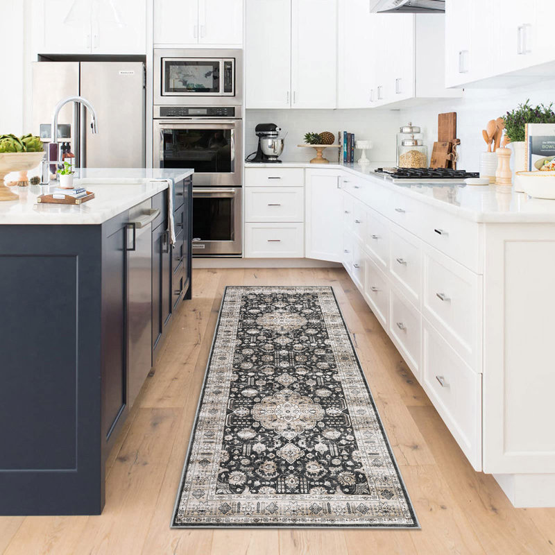 Large Dining Room Rugs 10x13 Medallion Accent Carpet with Non Slip Backing, Non Shedding Traditional Indoor Mats, Machine Washable Thin Floor Cover for Bedroom, Kitchen