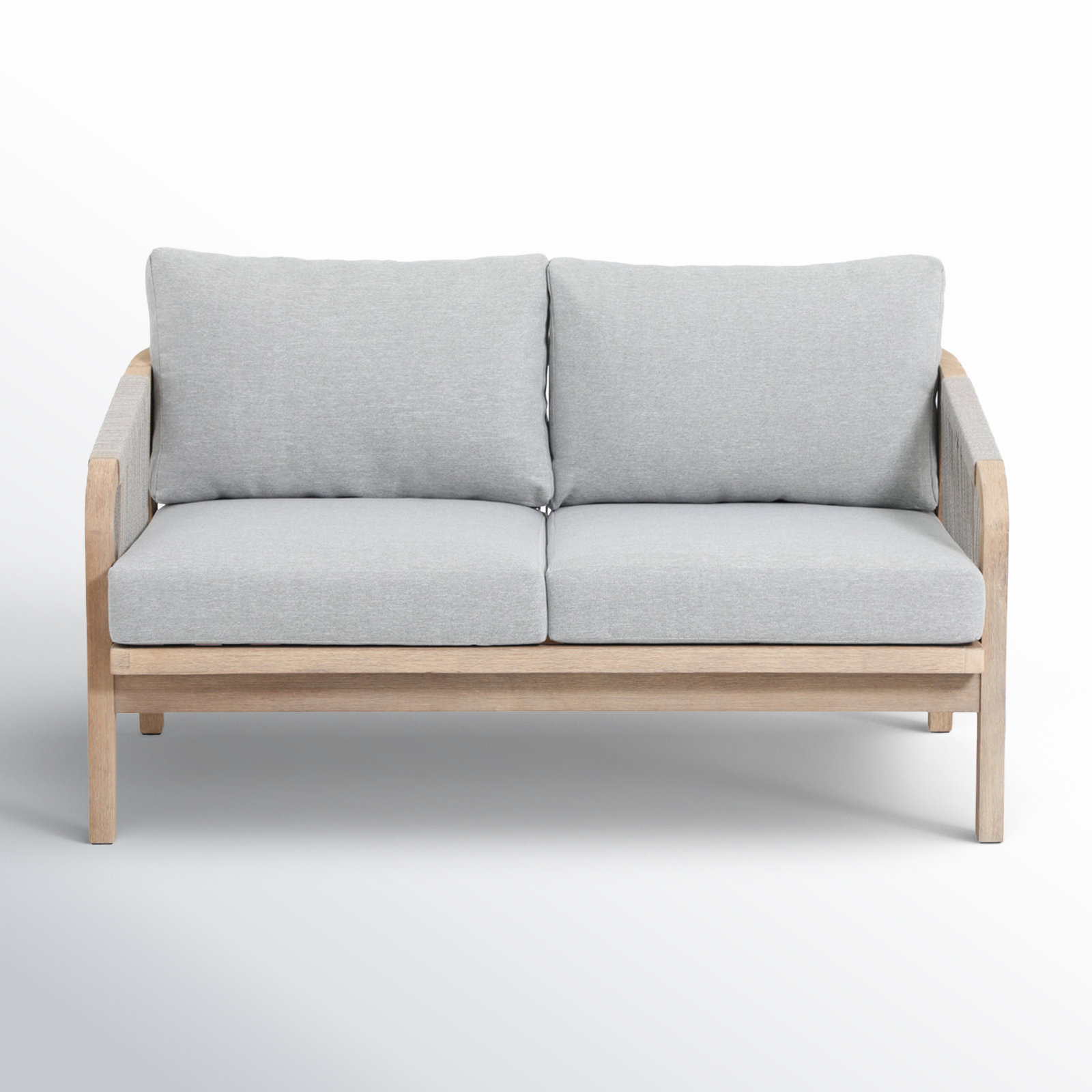 Mariliva Outdoor Acacia Wood Woven Loveseat With Cushions, Gray Cushion/Natural Wood Frame