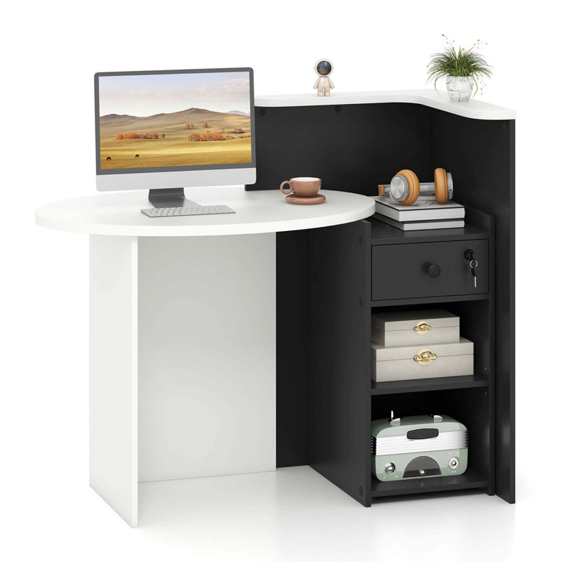 Front Reception Counter Desk Checkout Office Desk With Open Shelf & Lockable Drawer, Black