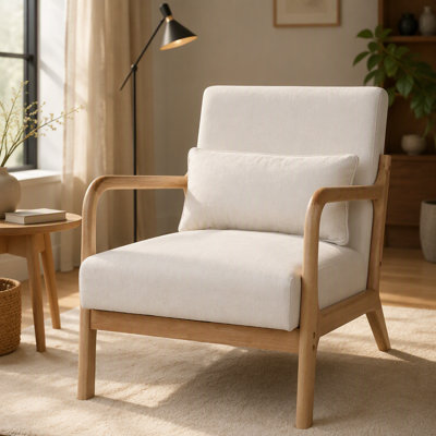 Fauteuil moderne du milieu du siècle, fauteuil d'appoint avec structure en bois massif et coussin lombaire amovible pour salon, chambre à coucher, bureau. Structure de fauteuil avec finition naturelle.