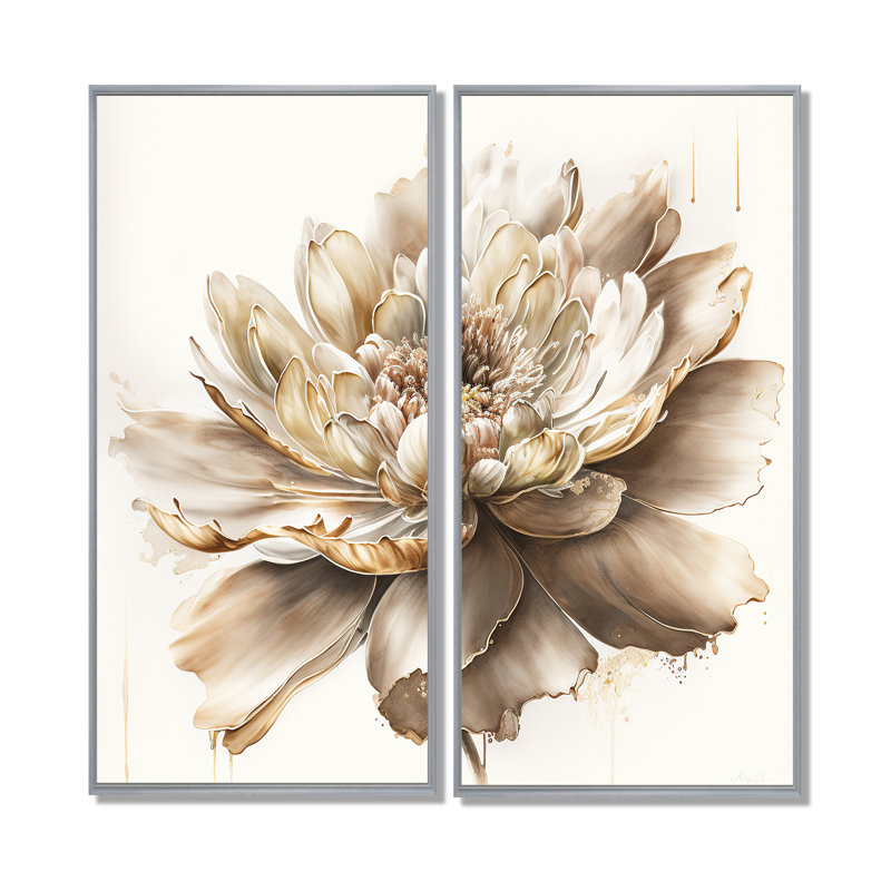 Simple fleur beige I - impressions sur toile beiges 2 pièces, H 20 po x l 24 po, Impression encadrée flottante, Argent argent