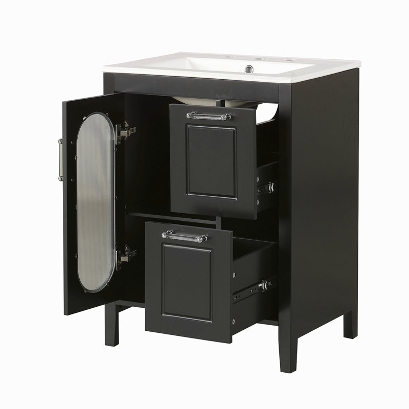 Meuble-lavabo 24 po avec lavabo, meuble-lavabo avec deux tiroirs et porte, tablette réglable, bois massif et panneau de fibres à densité moyenne