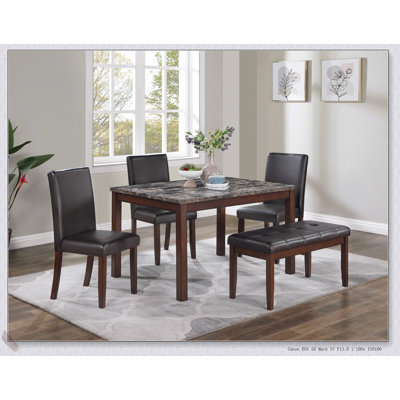 Ensemble de salle à manger 5 pièces Classic Finish Espresso Classic avec plateau en faux marbre, banc et 3 chaises avec coussins en similicuir pour les salles à manger modernes