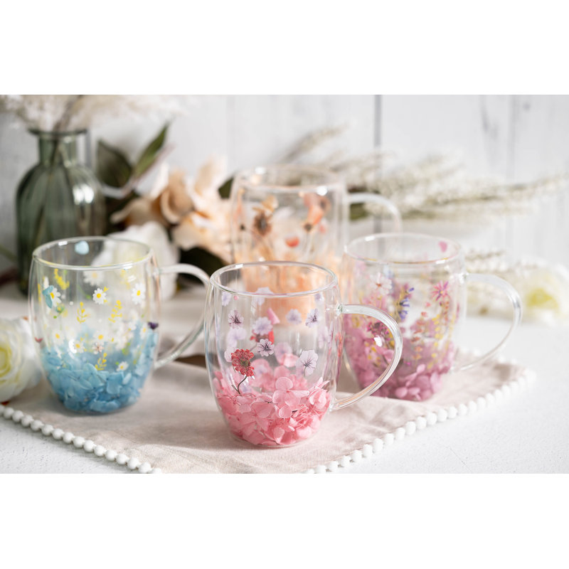 Tasses à fleurs à double paroi, couleurs assorties, ensemble de 4