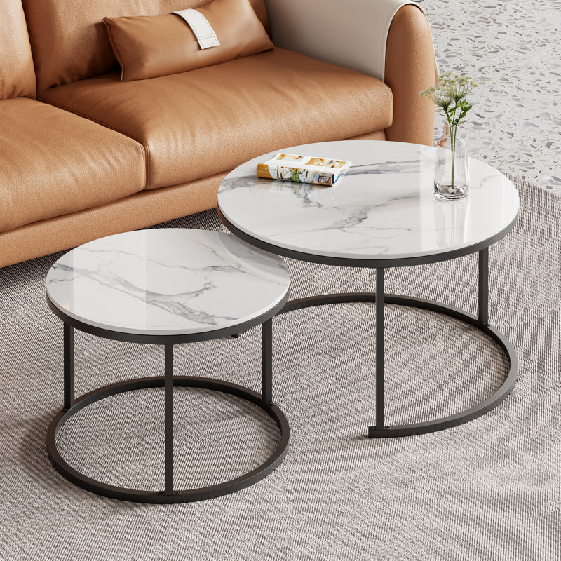 Sintered Stone Top Nesting Coffee Table Set, 18" H x 27" L x 27" W, White