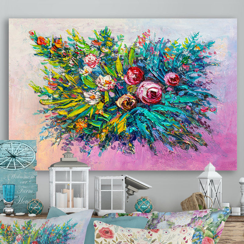 Peinture multicolore de marguerites - œuvre d'art traditionnelle sur toile, H 16 po x l 32 po x P 1 po, Toile tendue