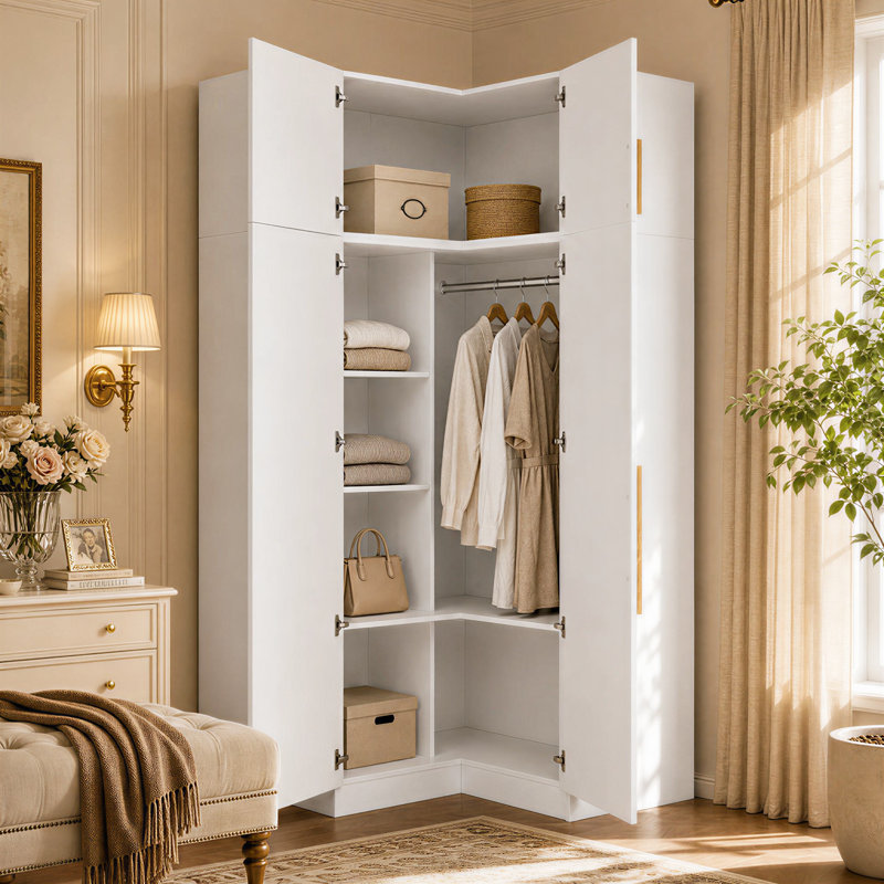 Armoire d'angle 90,6 "avec armoire supérieure, 7 tablettes intérieures et tringle pour rangement dans la chambre à coucher