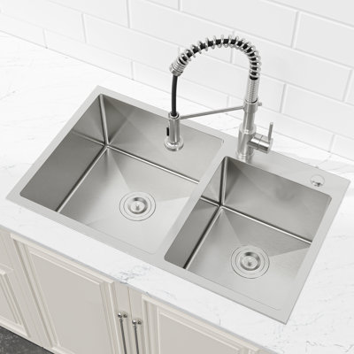 32 x 19 Double Bowl Stainless Steel Kitchen Sink, Overmount Handmade Sink in Brushed Nickel, 16 Gauge with Drain & Hooks