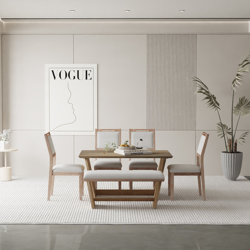 6-Piece Dining Set with Rectangular Table Upholstered Chairs and  Bench, Natural Wood Wash
