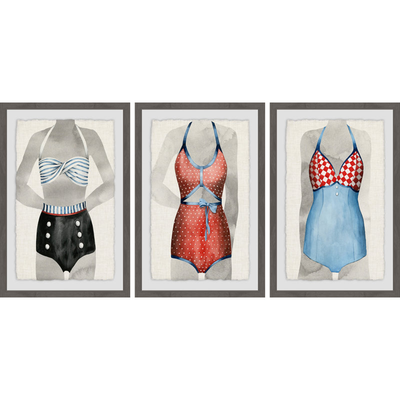 Ensemble de 3 maillots de bain rétro - ensemble de 3 reproductions de cadres photo, H 18 po x l 12 po