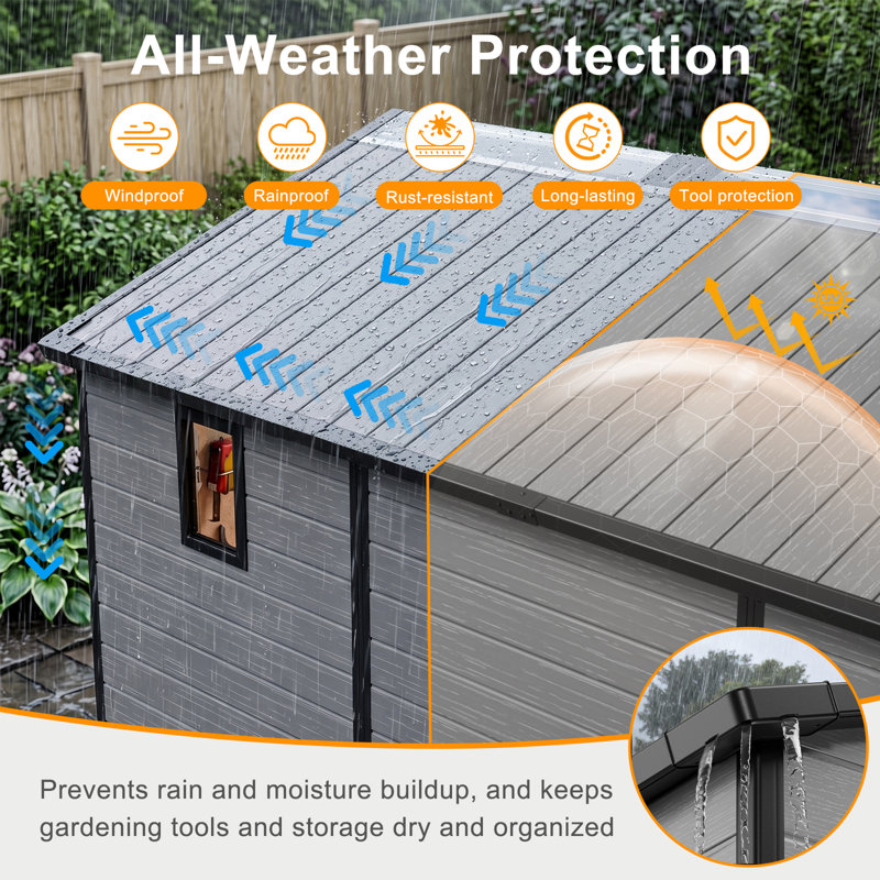 8 ft. W x 10 ft. D Durable Resin Outdoor Storage Shed With Floor, Waterproof UV-Resistant Plastic Garden Shed For Backyard Tools, Bikes & Equipment, Durable All-Weather Storage Shed For Outside