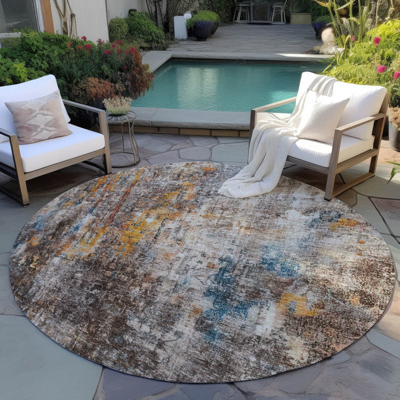 Tapis taupe Ayush ACN655 intérieur / extérieur lavable à la machine, Rond 8 pi