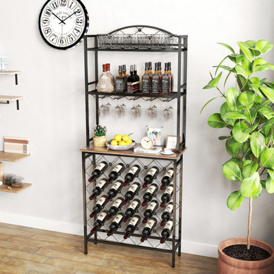 Industrial Wine Rack Bar Table, 3-Tier Liquor Bottle And Glass Holder With Storage Shelves