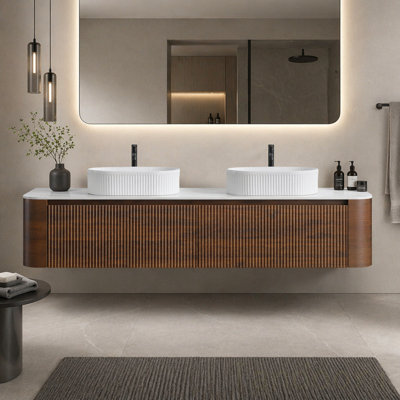 Meuble-lavabo de salle de bain avec lavabo, armoire murale en noyer avec porte-serviettes gratuit, conception de lavabos en céramique à rayures ovales doubles, sans drain et robinet, pré-assemblé