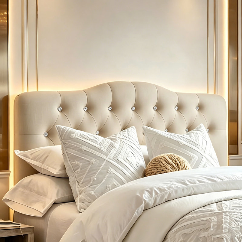 Tête de lit tapissier à boutons en lin, structure à hauteur réglable - conception de lit capitonné moderne pour toute chambre à coucher